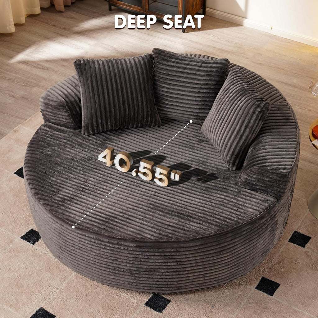 ovios 58' Oversized Round Chair Lounge Chaise Indoor, No Assembly Required, Cloud Large Circle Chair with Plush Fuax Fur, Fluffy Modern Sleeper Sofa Bed for Reading Yoga, Grey (Plush Corduroy Fabric)