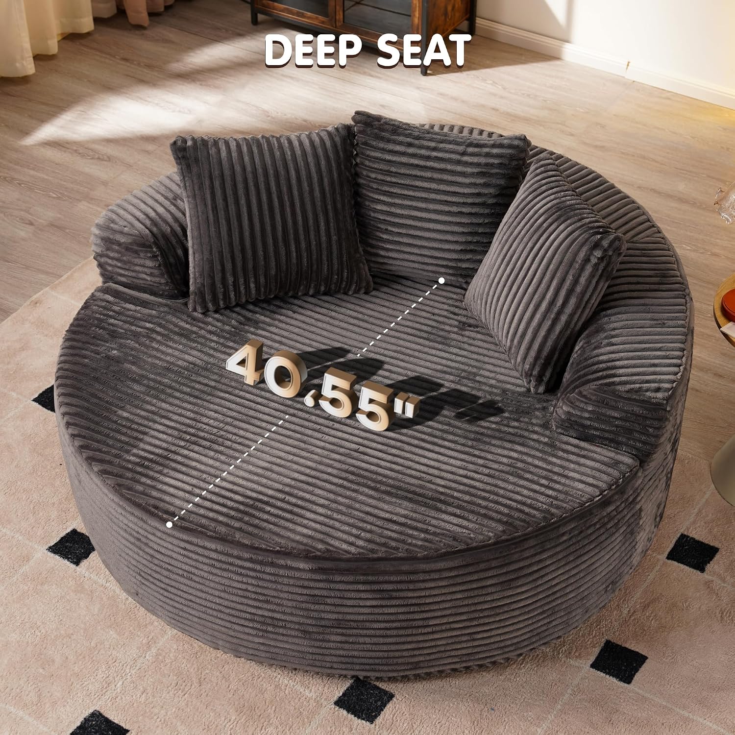 ovios 58' Oversized Round Chair Lounge Chaise Indoor, No Assembly Required, Cloud Large Circle Chair with Plush Fuax Fur, Fluffy Modern Sleeper Sofa Bed for Reading Yoga, Grey (Plush Corduroy Fabric)