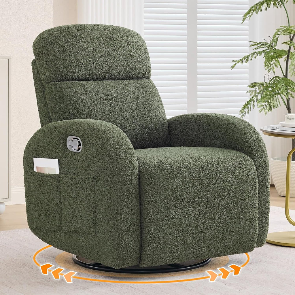 Nursery Glider Recliner, Boucle Nursery Rocking Chair Recliner, Manual Nursery Glider Recliner with Double Pockets and Lumbar Support for Adult, Teddy Green