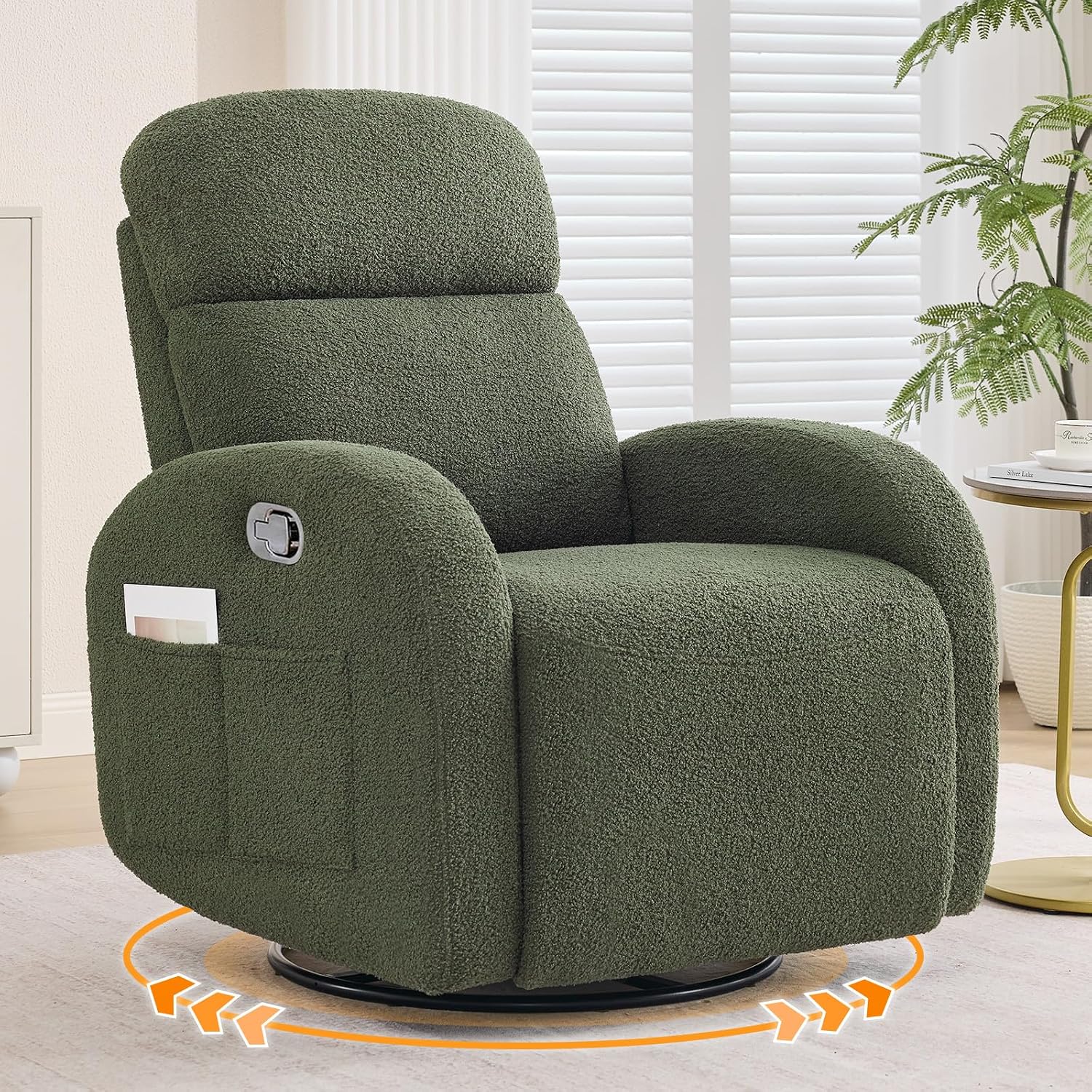 Nursery Glider Recliner, Boucle Nursery Rocking Chair Recliner, Manual Nursery Glider Recliner with Double Pockets and Lumbar Support for Adult, Teddy Green