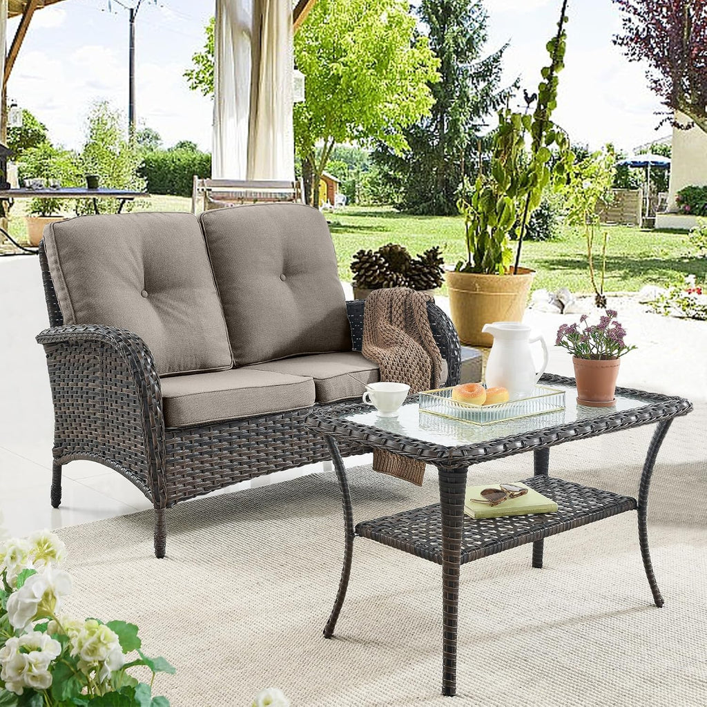 Belord Patio Wicker Furniture with Rocking Chairs Loveseat, 5 Piece Rattan Furniture Outdoor Table and Rocking Chairs Set for Patio Deck Porch Backyard Brwon/Grey