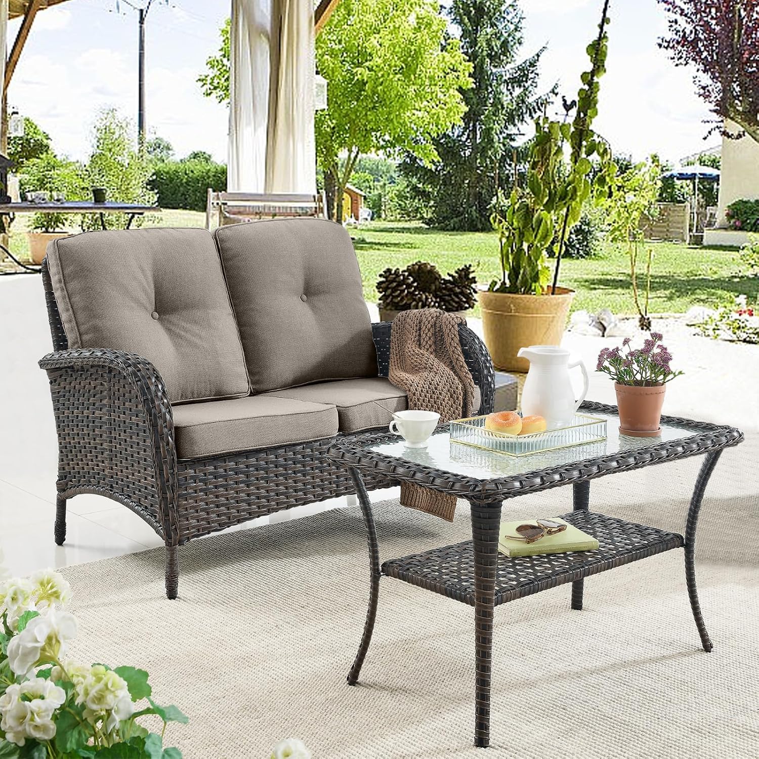 Belord Patio Wicker Furniture with Rocking Chairs Loveseat, 5 Piece Rattan Furniture Outdoor Table and Rocking Chairs Set for Patio Deck Porch Backyard Brwon/Grey