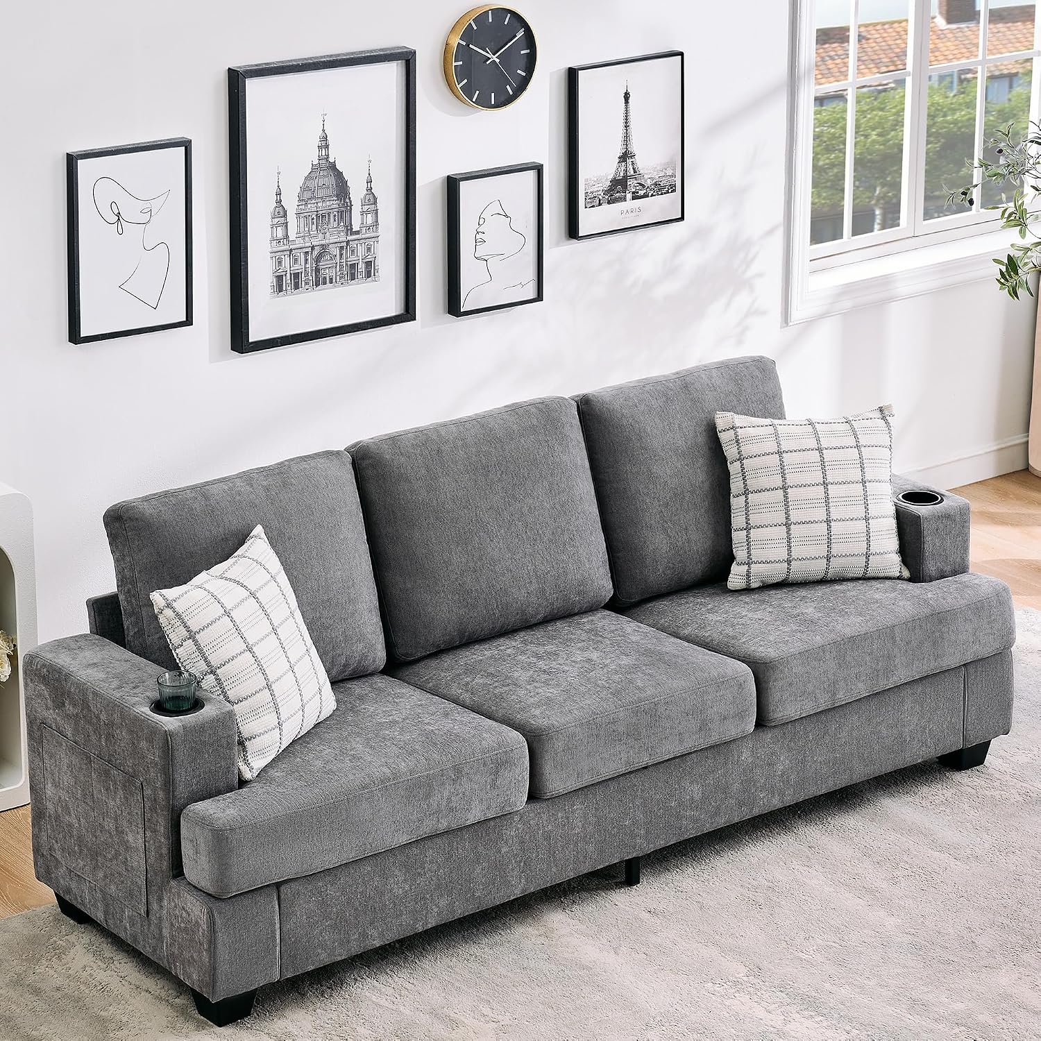 Garvee Modern 89' 3-Seater Sofa for Living Room, Comfy Couches with Deep Seat, Chenille Sofa with Cup Holders and Side Storage Pockets for Apartment Lounge, Grey