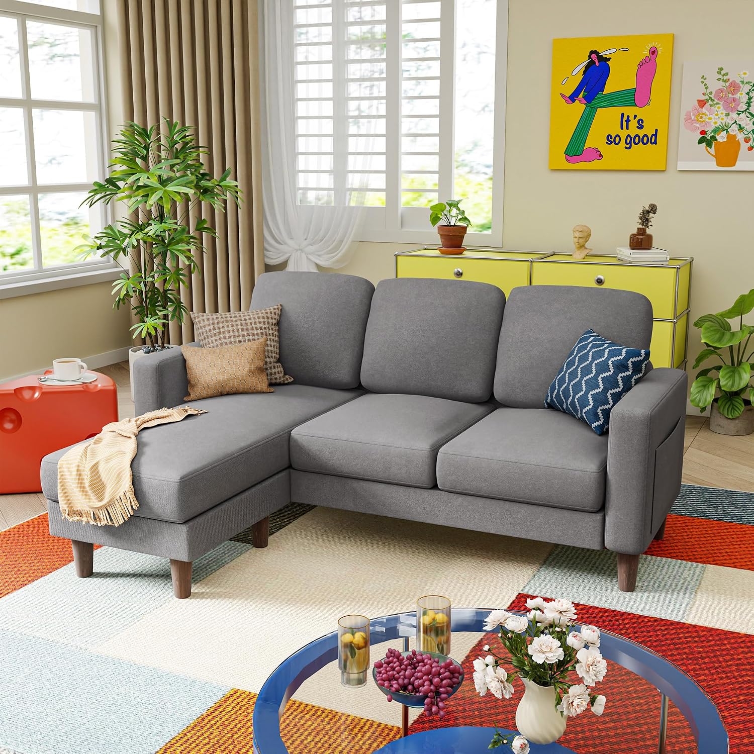 YESHOMY Couches for Living Room, Sofa with Movable Ottoman, Small Couch with Reversible Chaise and Side Pockets, L Shaped Couch for Small Space, Apartment (Linen Fabric, Light Grey)