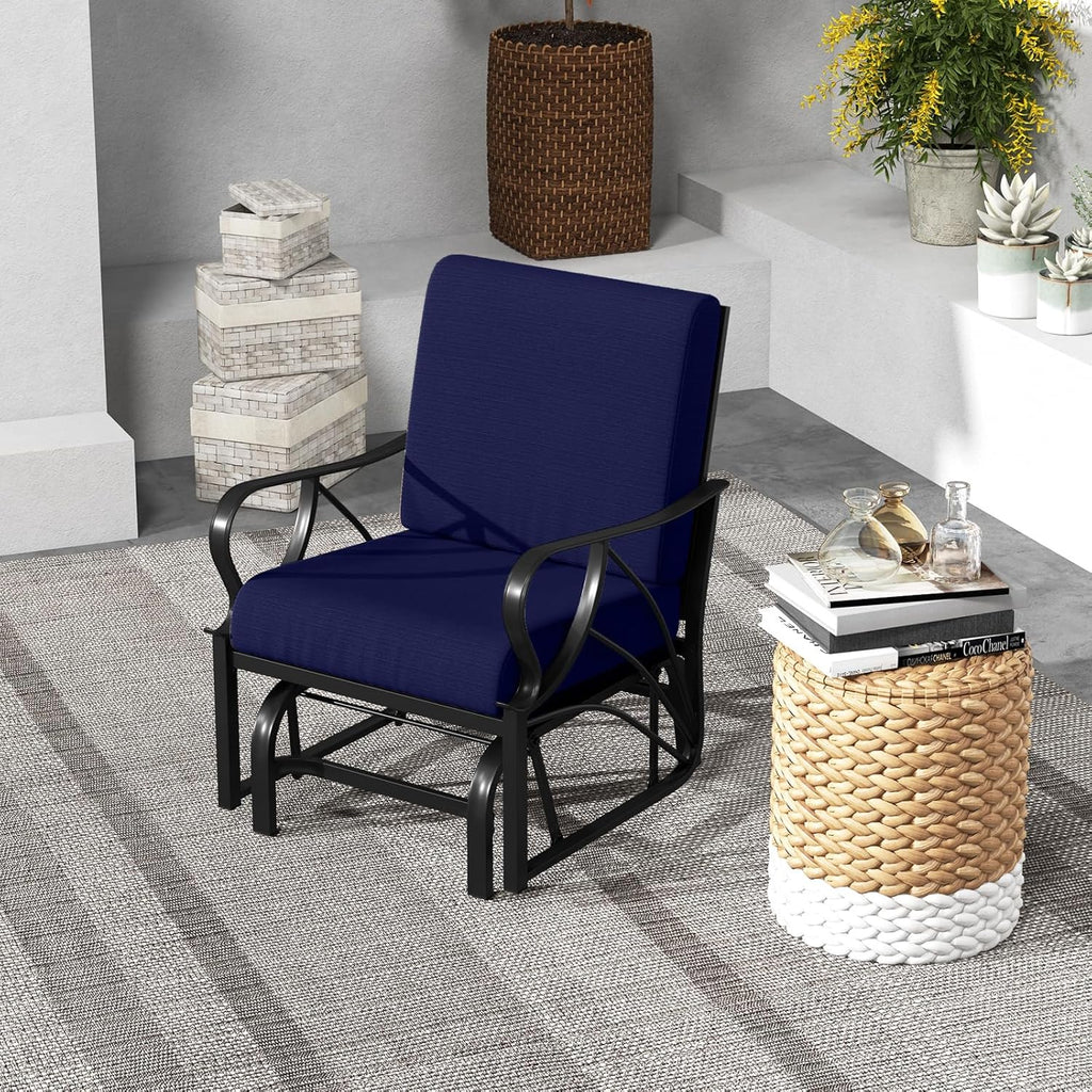 Giantex Outdoor Glider, Patio Rocking Chair with Thick Cushion, Sturdy Metal Frame, Curved Armrest, Ergonomic Design, Single-Person Glider Chair for Garden, Yard, Porch Rocker, Navy