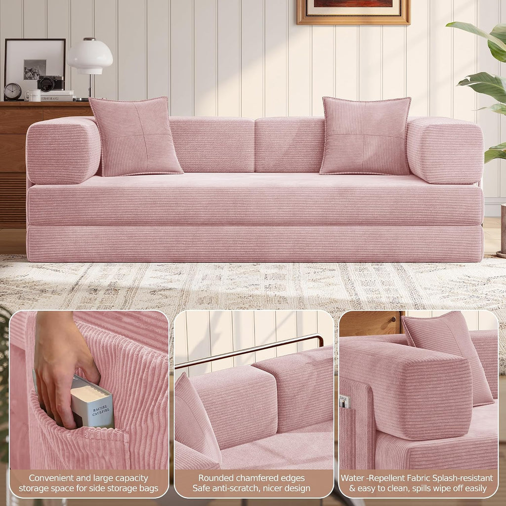 MoonSpeak 78.8''Sleeper Couch Bed for Livingroom,Convertible Modular Sofa with Armrest Pillow,Modular Foldable Corduroy Couches in a Box,No Assembly (Pink)