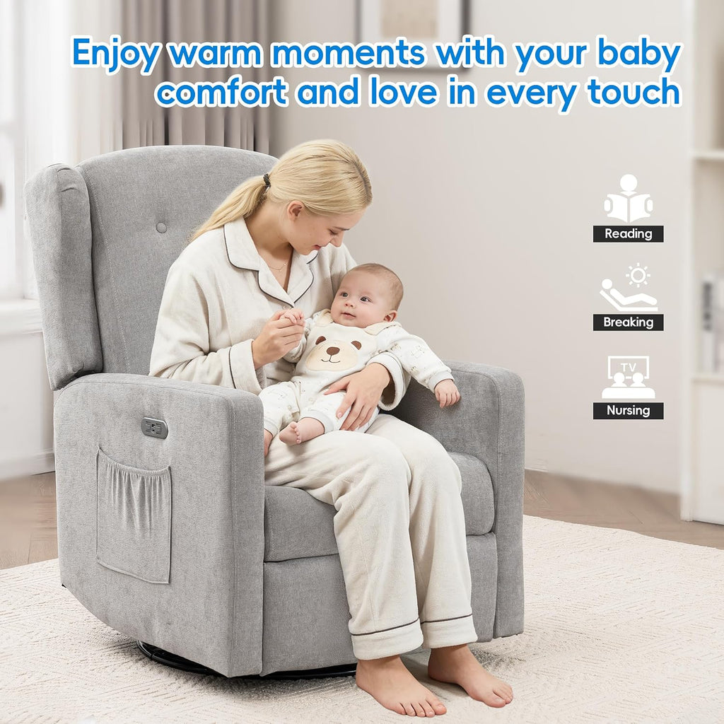 Swivel Rocker Power Recliner Chair for Nursery, 270° Swivel Glider Recliner with USB & Type-C Charging, Electric Reclining Chair with Storage Pockets, Upholstered Recliner for Living Room (Grey)