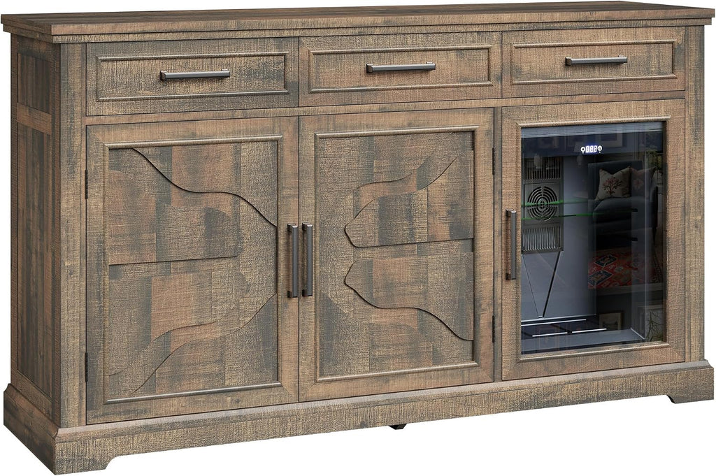 LUXOAK 60' Farmhouse Coffee Bar Cabinet with Mini Fridge Space, Wine Bar Cabinet with Drawers & Shelves, Buffet Sideboard Table for Home, Dining Room, Living Room, Brown