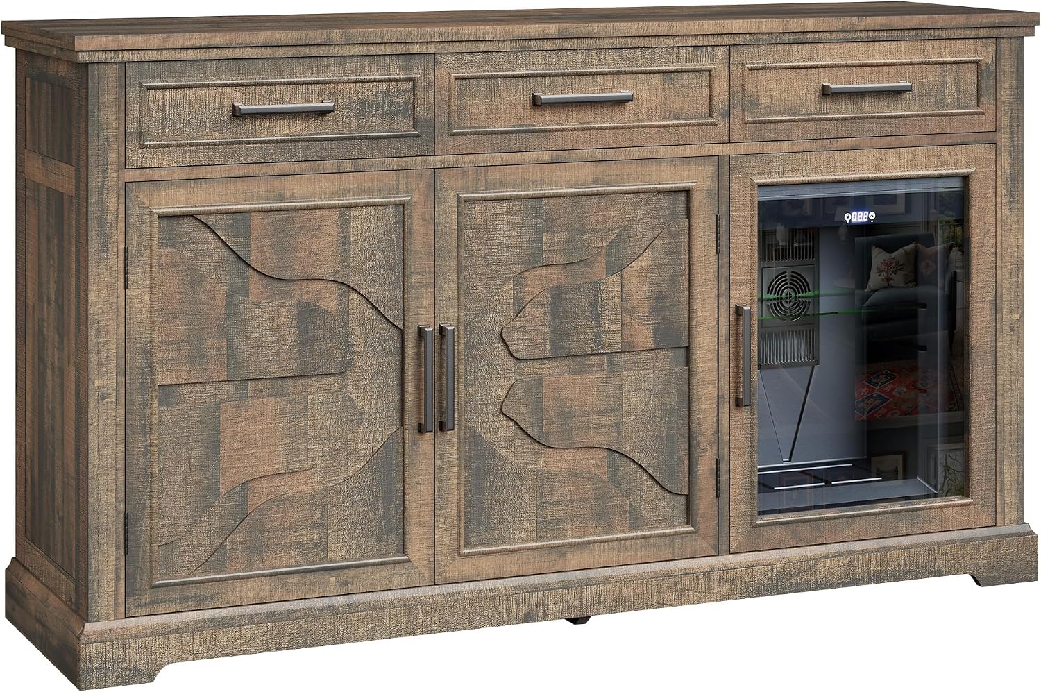 LUXOAK 60' Farmhouse Coffee Bar Cabinet with Mini Fridge Space, Wine Bar Cabinet with Drawers & Shelves, Buffet Sideboard Table for Home, Dining Room, Living Room, Brown