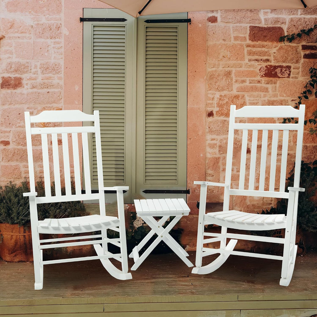 Kozyard 3-Piece Wooden Outdoor Rocking Chair Set with Foldable Side Table, Black Patio Rockers and End Table Furniture Set for Deck, Garden, Porch, Poolside (White/2Chairs+Table)