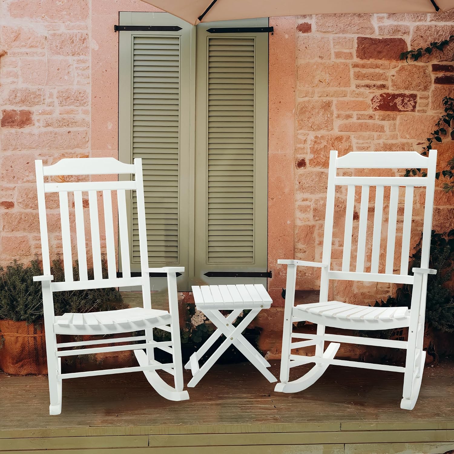 Kozyard 3-Piece Wooden Outdoor Rocking Chair Set with Foldable Side Table, Black Patio Rockers and End Table Furniture Set for Deck, Garden, Porch, Poolside (White/2Chairs+Table)