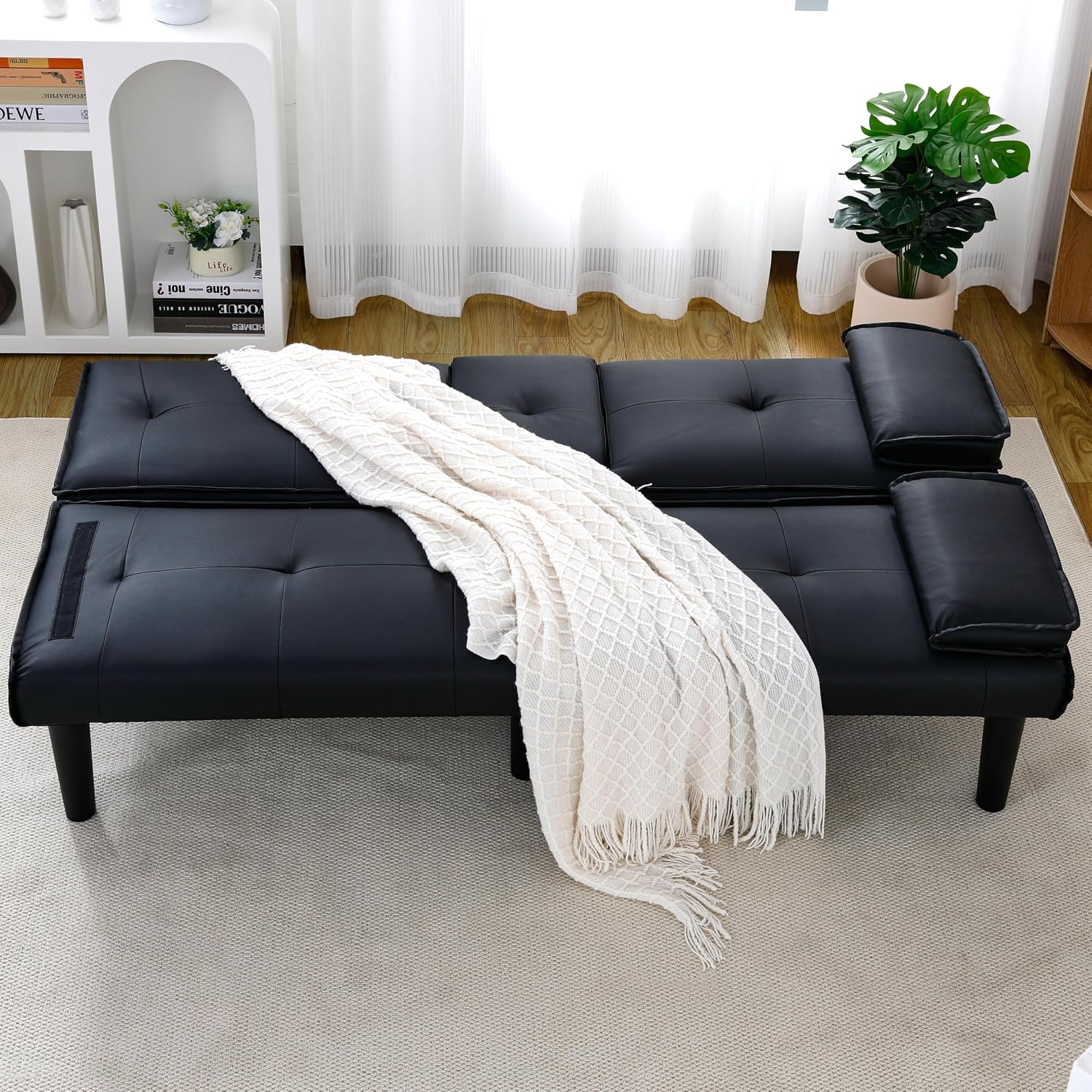 KEIKI 3 in 1 Convertible Sleeper Sofa Bed, PVC Loveseat with Cup Holder, Foldable Futon Sofa Bed for Living Room, Guest Room, Dorm, Black