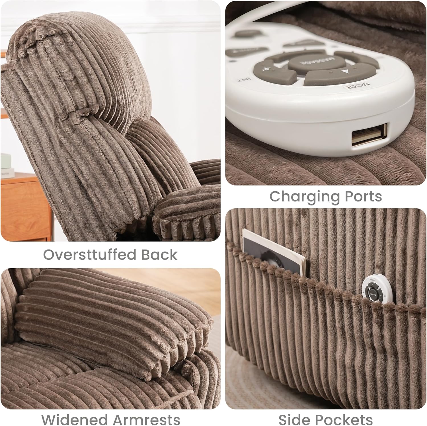GRAINELL Swivel Rocker Recliner Chair with Massage and Heat, USB Charging Port, Infinite Position Power Recliner, Electric Glider Rocking Chairs for Living Room, Nursery (Brown)