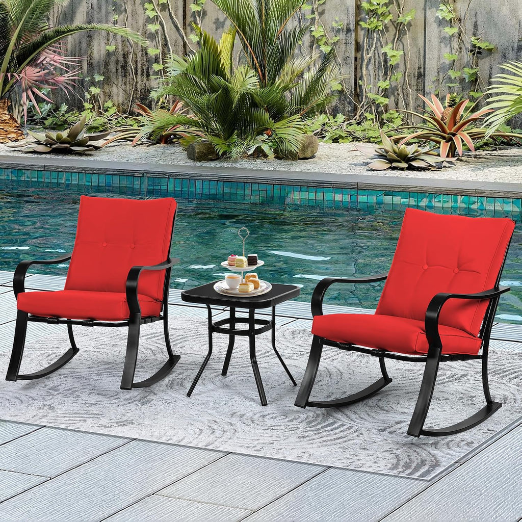 Incbruce 3 Piece Patio Bistro Set Outdoor Rocking Chairs Set, Porch Patio Conversation Chairs Set of 2 with Glass-Top Coffee Table (Red Thickened Cushion)