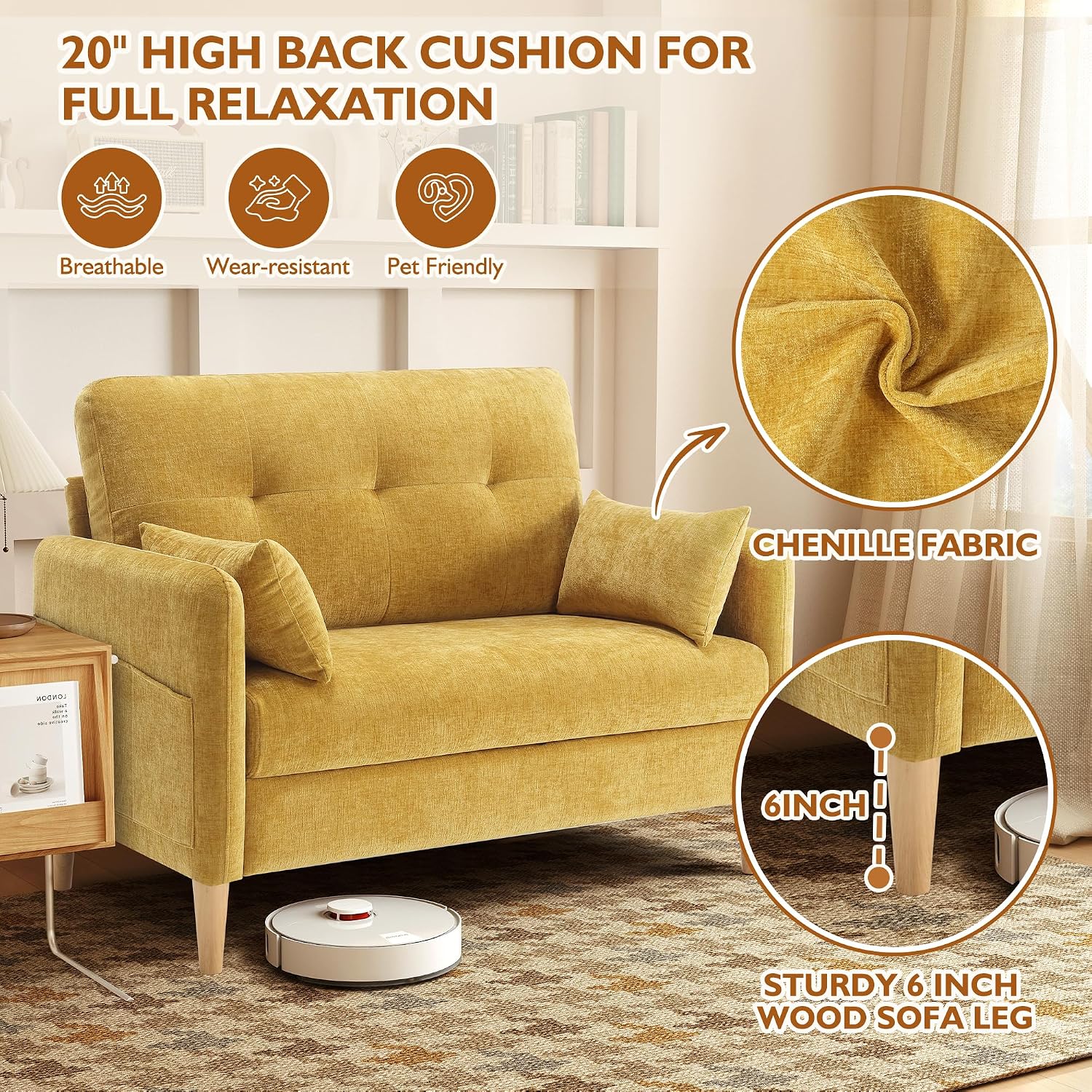 Urhanherry 47' Small Sofa Couch for Bedroom, Soft Chenille loveseat Mini Couch with Throw Pillow and Removable Cushion Cover for Small Spaces, Living Room, Apartment, Dorm, Office(Yellow)