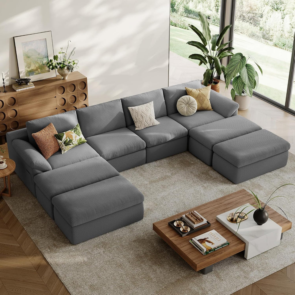 LINSY HOME 139' Modular Couch Modern Boneless Cloud Couch, U Shaped Sofa with Movable Ottomans, Deep Seat Corduroy Sectional Couches for Living Room, Apartment, No Assembly Required, Grey
