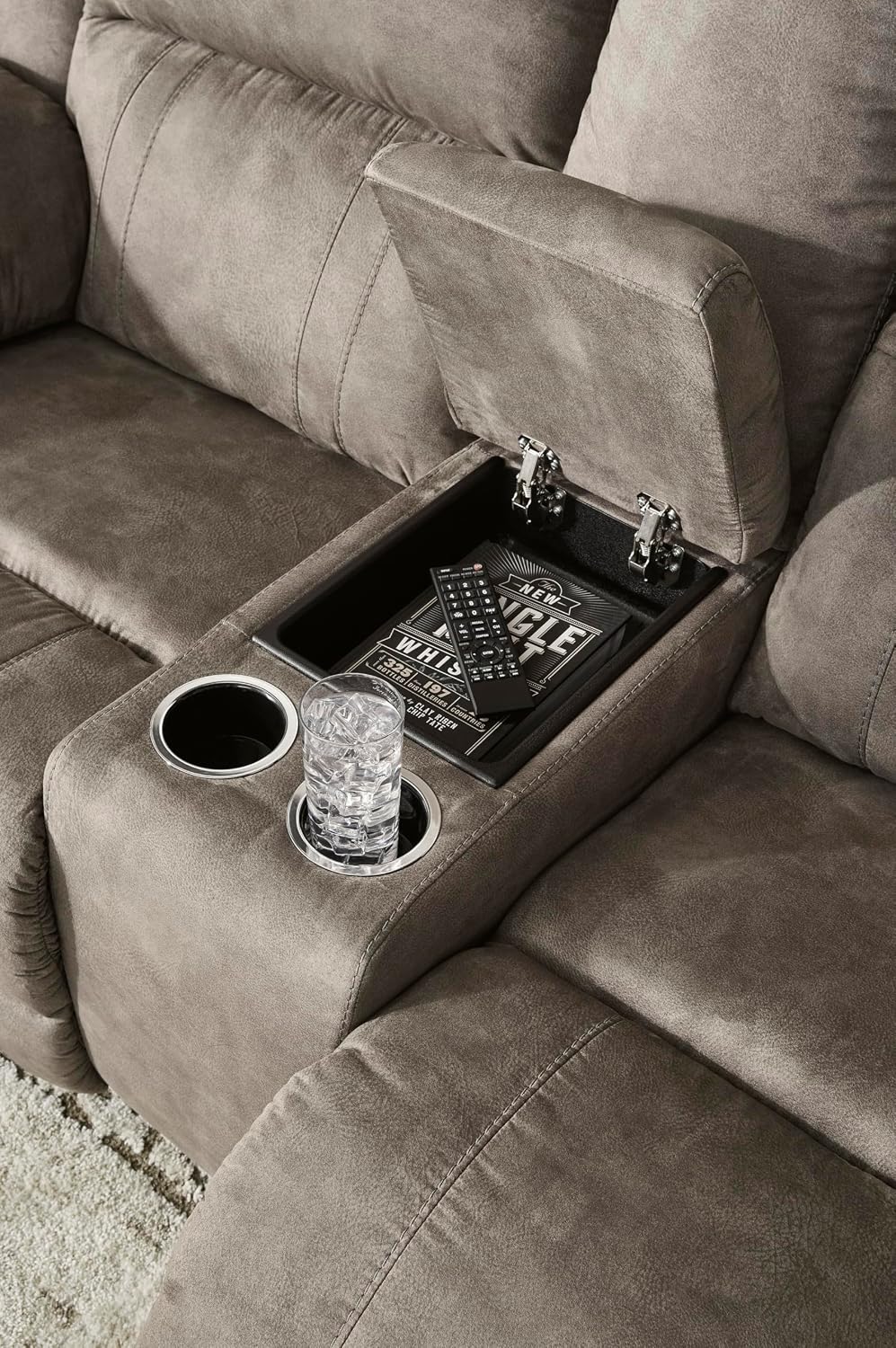 Signature Design by Ashley Laresview Contemporary Faux Leather Manual Double Reclining Loveseat with Console, Storage and Cup Holders, Gray