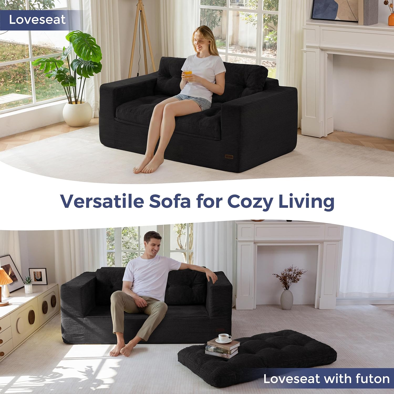 MAXYOYO Boneless Sofa Couch for Adults, Upholstered Floor Sofa with Armrests, Loveseat Couch with Cushion & Pillows, Sofa in A Box, Large Bean Bag Couch for Bedroom Living Room