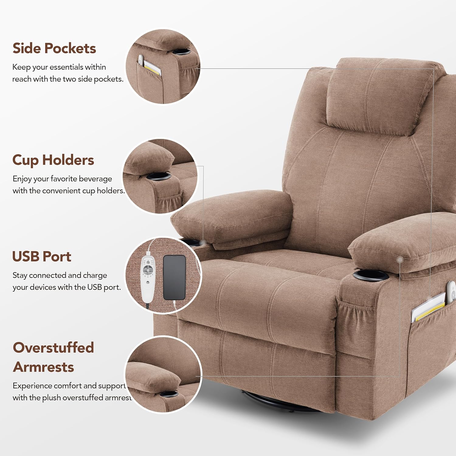 Weture Swivel Rocker Recliner Chair with Heat and Massage, 360 Degree Swivel Rocking Single Sofa with Cup Holders and USB Port, Big Oversized Recliner Chair for Living Room (Fabric, Brown)