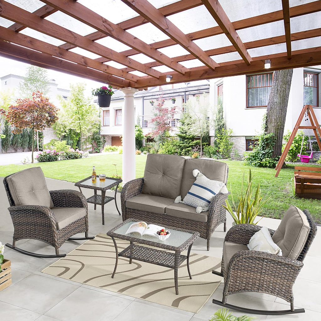 Belord Patio Wicker Furniture with Rocking Chairs Loveseat, 5 Piece Rattan Furniture Outdoor Table and Rocking Chairs Set for Patio Deck Porch Backyard Brwon/Grey