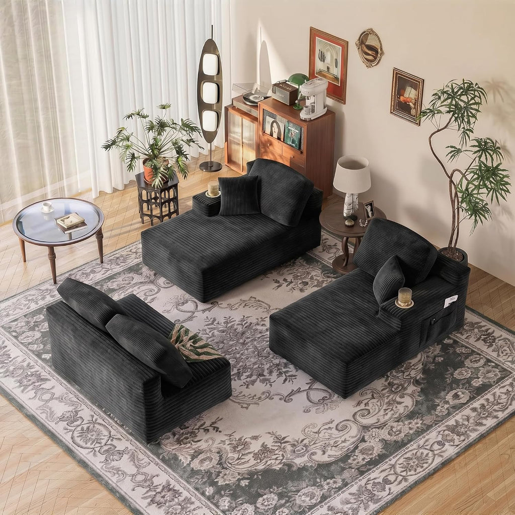 Homall 142' Boneless Couch, Modular Sectional Sofa, No Assembly Required, Memory Foam Filling, Corduroy U-Shaped Sofa, Movable Multi-Person Couch for Living Room (Black)