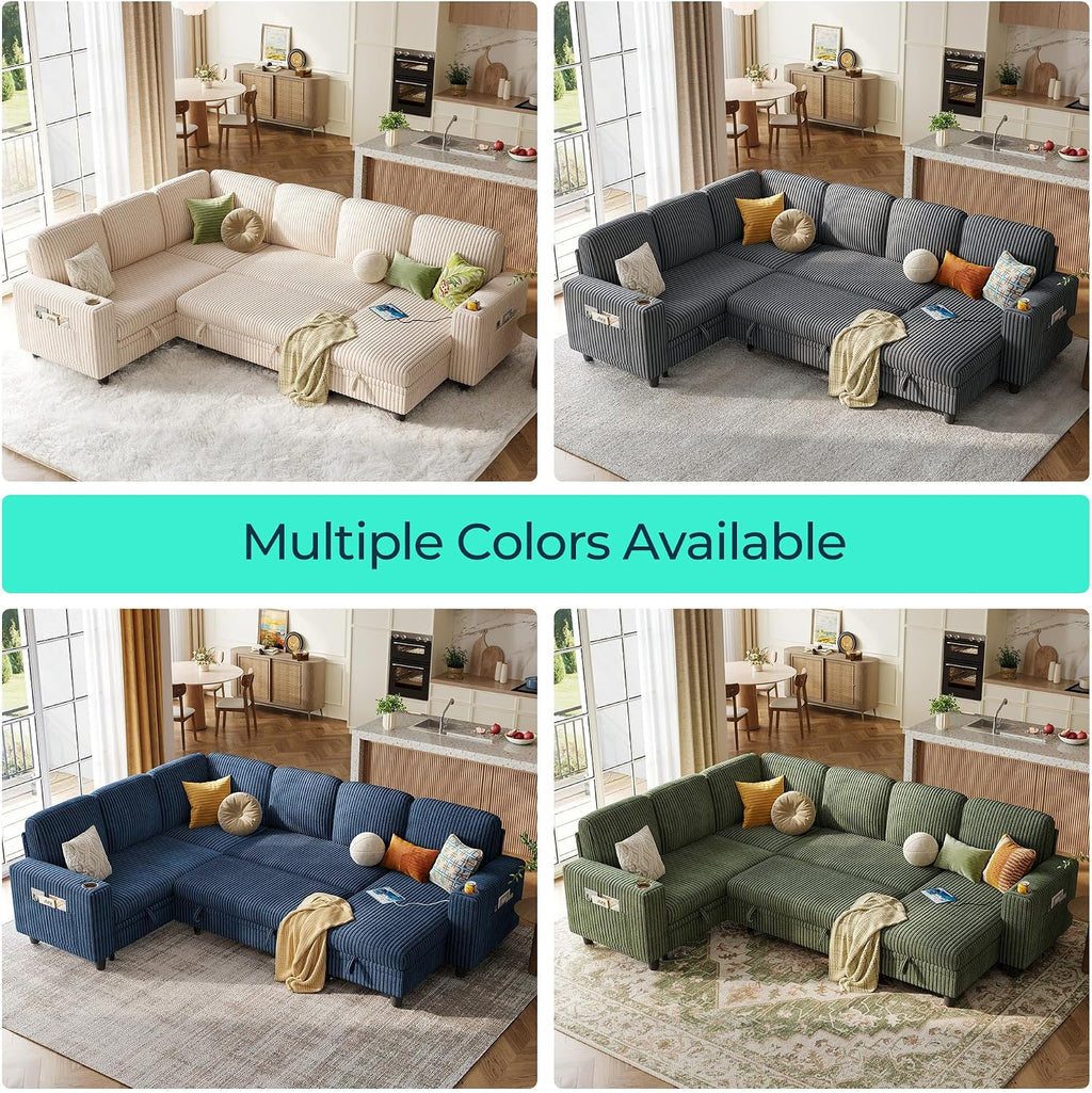 LINSY HOME Sectional Sofa with Pull Out Bed, 6 Seats Corduroy Reversible Sleeper Sofa with Storage Seats & Chaises, USB Ports, Cup Holders, Side Pocket, Sectional Couches for Living Room, Green | Plush corduroy