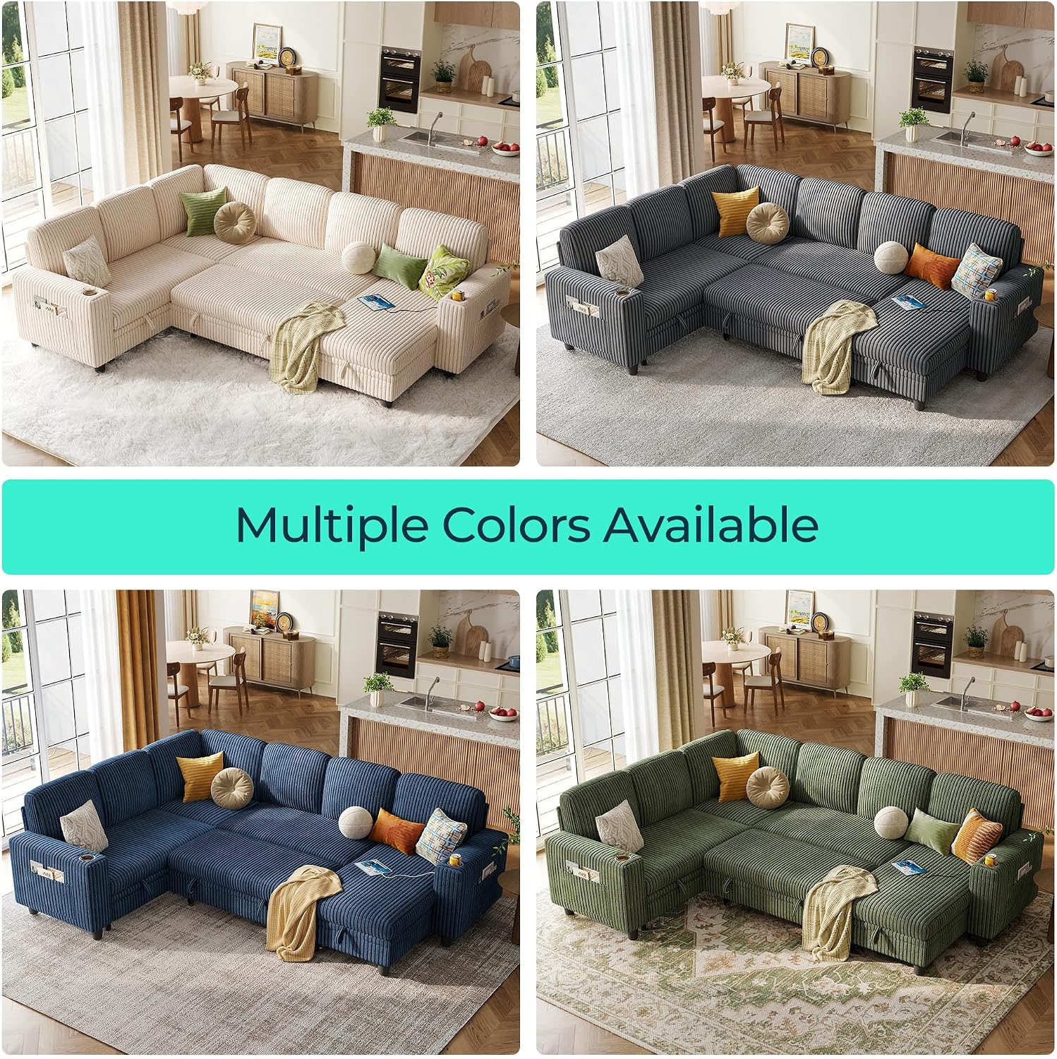 LINSY HOME Sectional Sofa with Pull Out Bed, 6 Seats Corduroy Reversible Sleeper Sofa with Storage Seats & Chaises, USB Ports, Cup Holders, Side Pocket, Sectional Couches for Living Room, Green | Plush corduroy