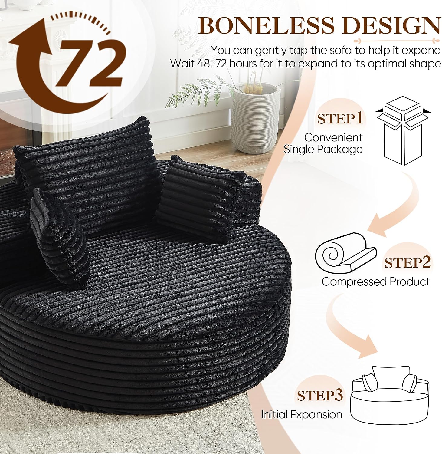 Oversized Round Chaise Longue Chair Indoor, Modern 55-inch Upholstered Corduroy Deep Seat Circle Single Cloud Lounge Floor Sofa Chair for Living Room, Bedroom Apartment, Black