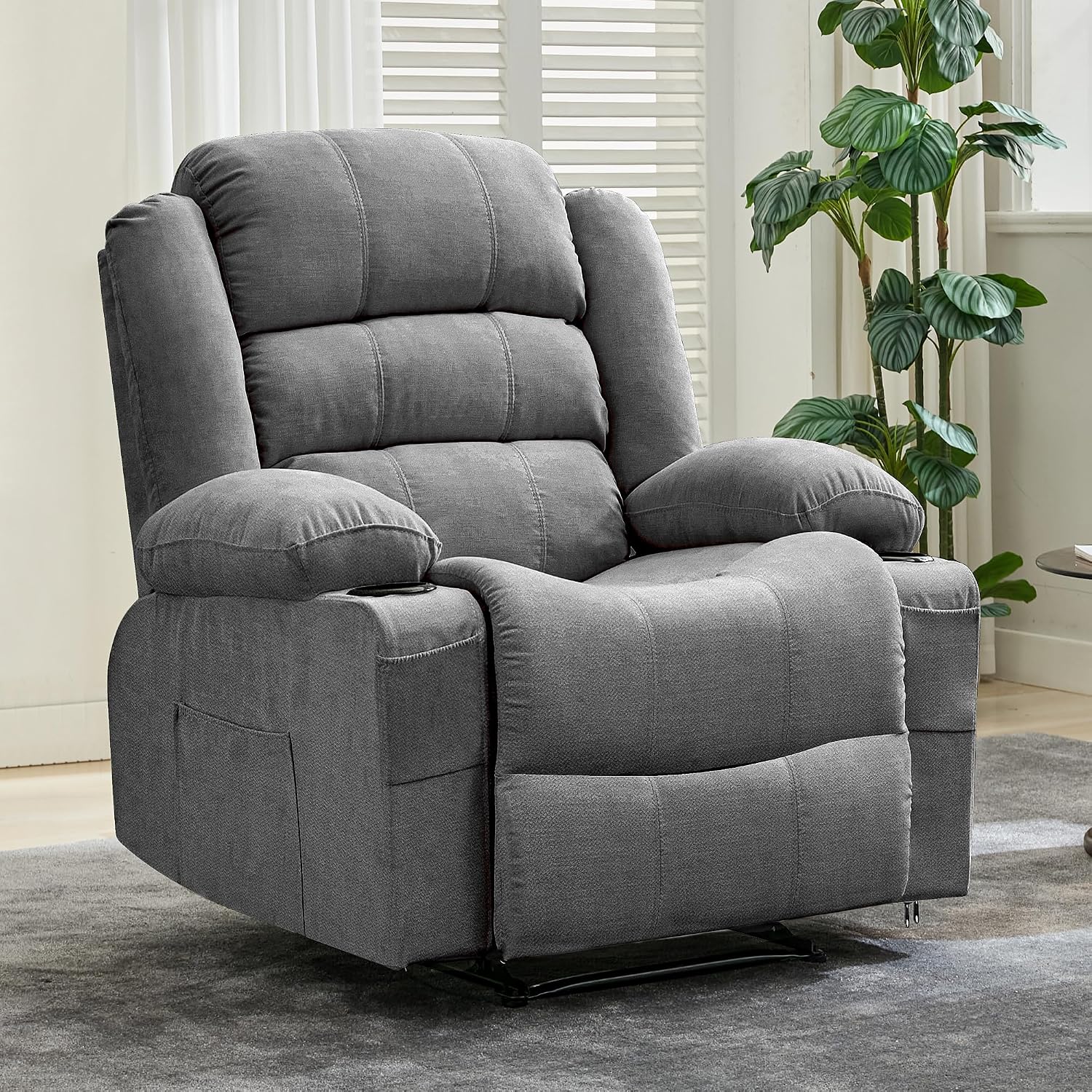 GarveeHome Large Recliner Chair for Adults Manual Pull Tab Reclining Chair with Cup Holders 3-Position Recliner Sofa for Living Room Overstuffed Single Sofa Chair Supports 350 Lbs