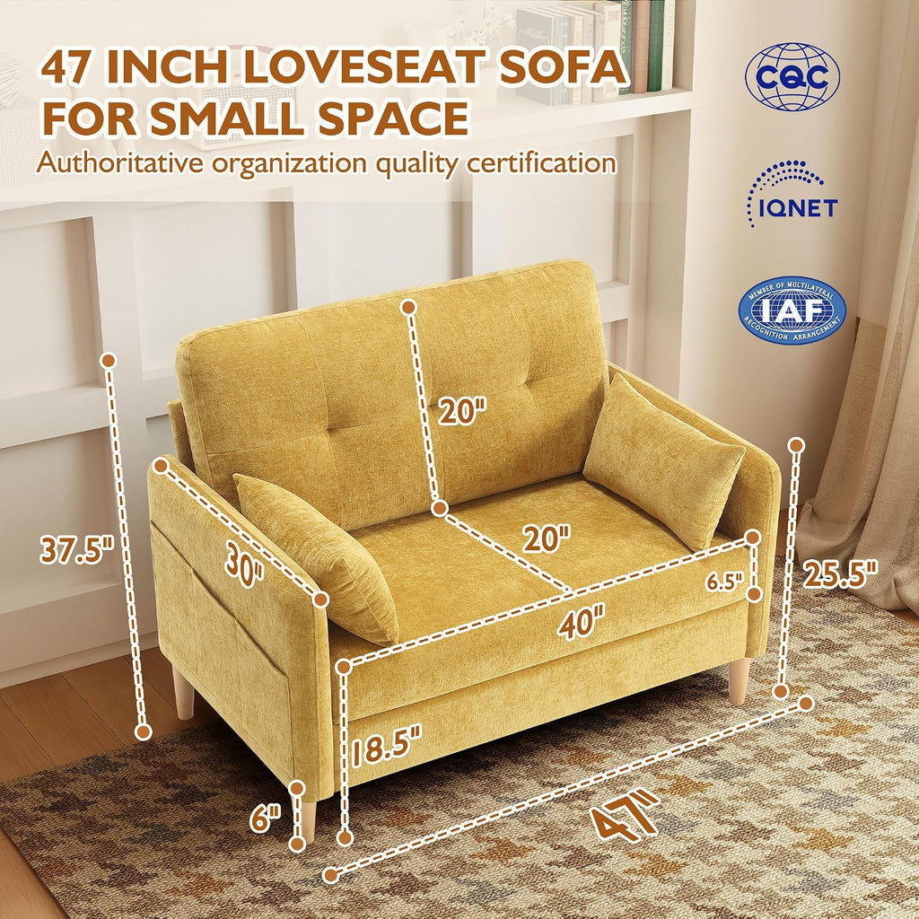 Urhanherry 47' Small Sofa Couch for Bedroom, Soft Chenille loveseat Mini Couch with Throw Pillow and Removable Cushion Cover for Small Spaces, Living Room, Apartment, Dorm, Office(Yellow)