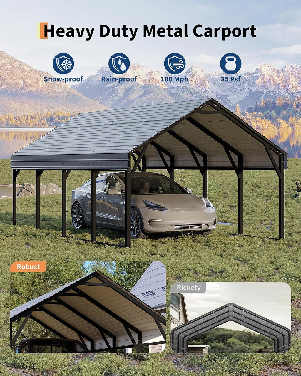GarveeLife 12x20 ft Metal Carport, Reinforced Frame and Steel Roof for All-Weather Use, Permanent Shelter for Bass Boats, Full-Sized Pickup Trucks, and Tractors