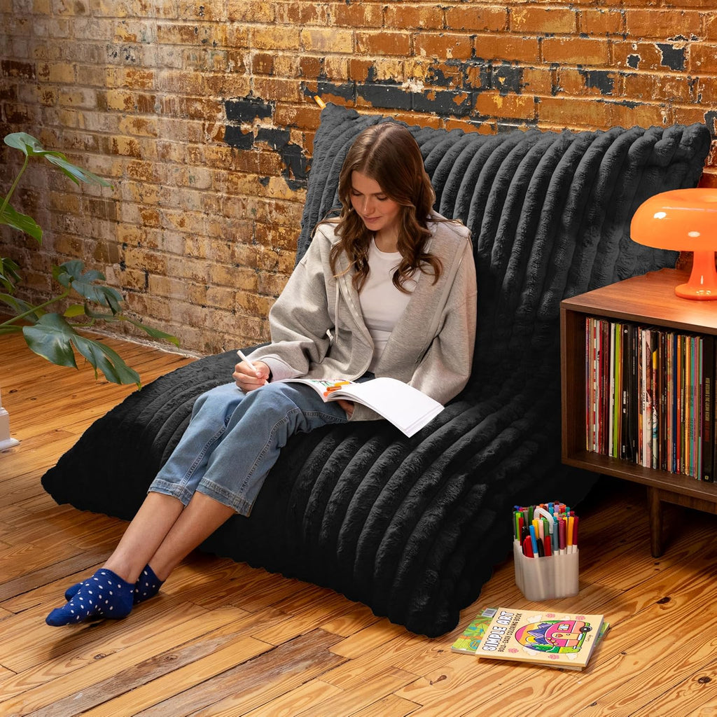 Pillow Saxx Bean Bag Rocking Chair - Elegant Oversized Rocker with Modern Wood Frame, Mondo Fur Black