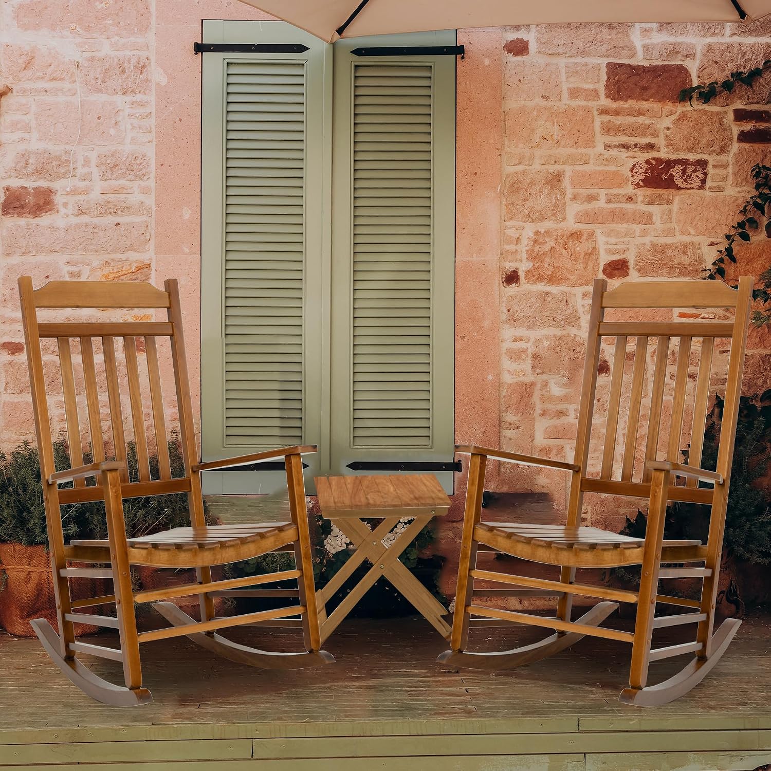 Kozyard 3-Piece Wooden Outdoor Rocking Chair Set with Foldable Side Table, Black Patio Rockers and End Table Furniture Set for Deck, Garden, Porch, Poolside (Natural/2Chairs+Table)