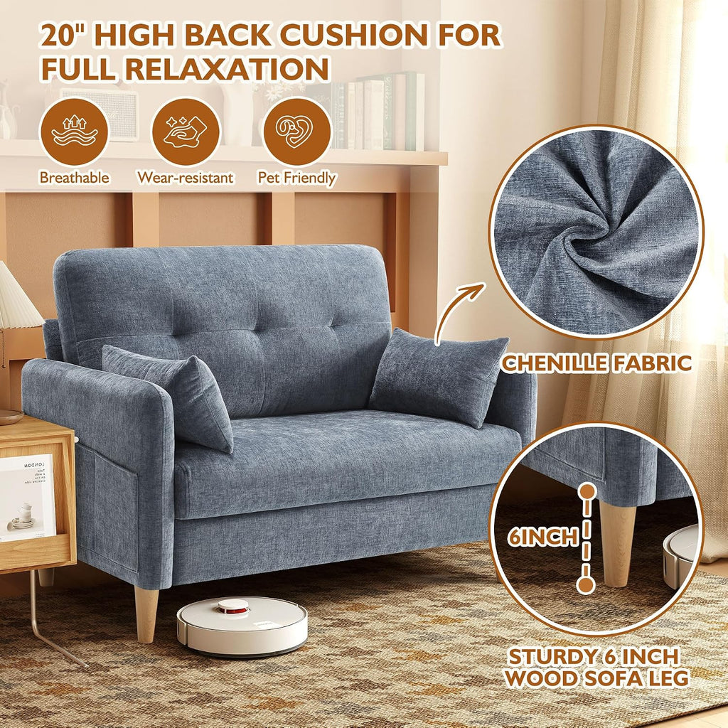 Urhanherry 47' Small Sofa Couch for Bedroom, Soft Chenille loveseat Mini Couch with Throw Pillow and Removable Cushion Cover for Small Spaces, Living Room, Apartment, Dorm, Office(Blue Grey)