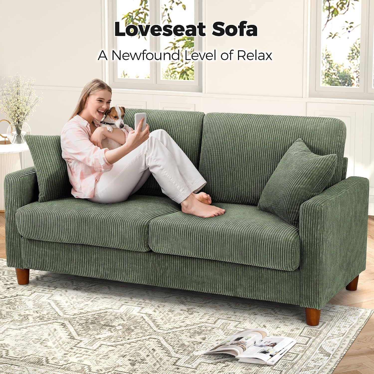 Kidirect 70in Corduroy Couch, Sofas for Living Room No Tool Assembly, Comfy Couches for Living Room 21in Deep Seats, Oversized Loveseat Sofa with 2 Pillows, 3 Seater Couch for Bedroom, Green Sofa