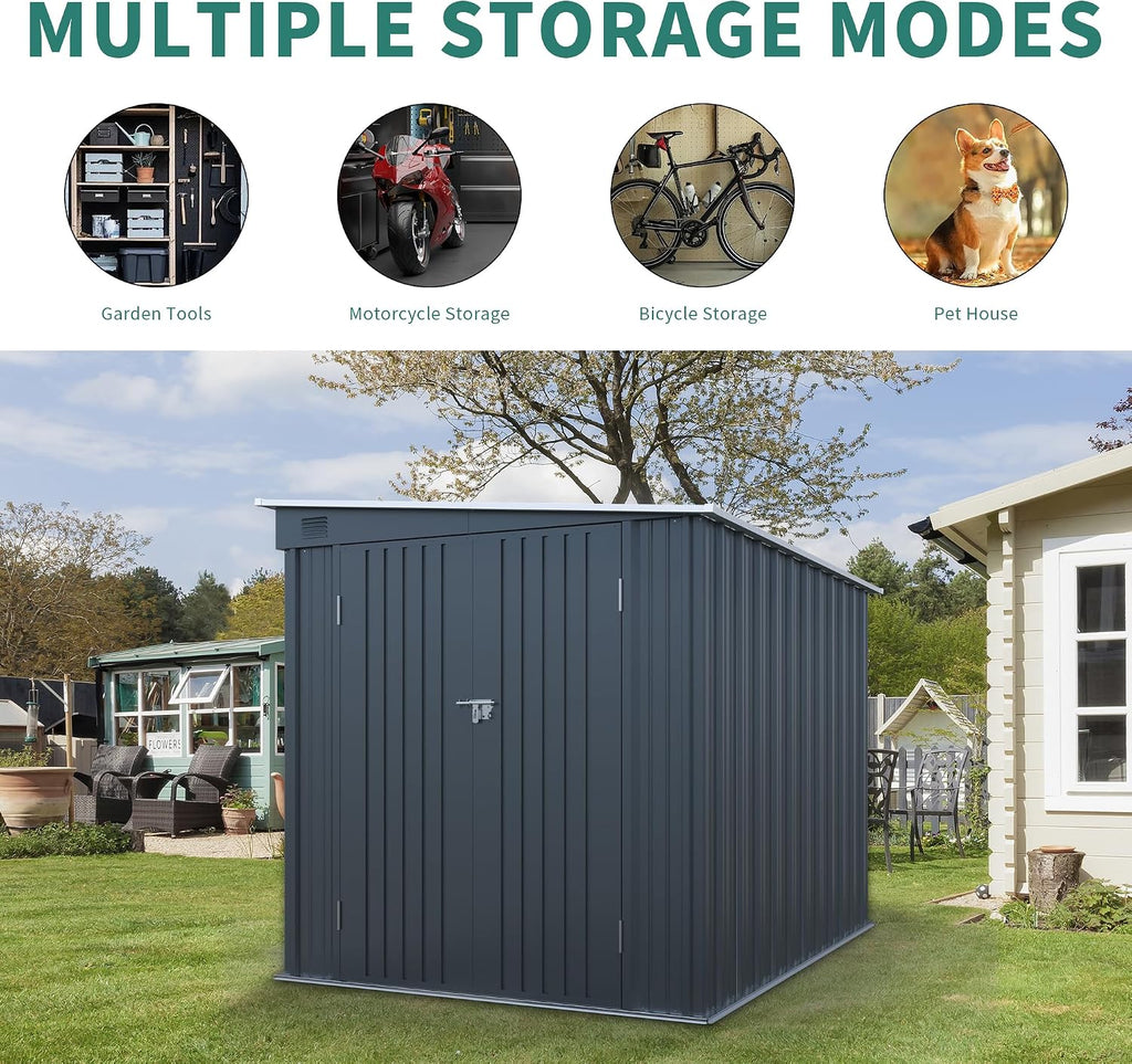 6x8FT Galvanized Steel Storage Shed with Lockable Double Doors, UV-Resistant Outdoor Metal Shed & Lean-to Design Garden Shed with PC Light Board for Tools, Bikes and Patio Essentials