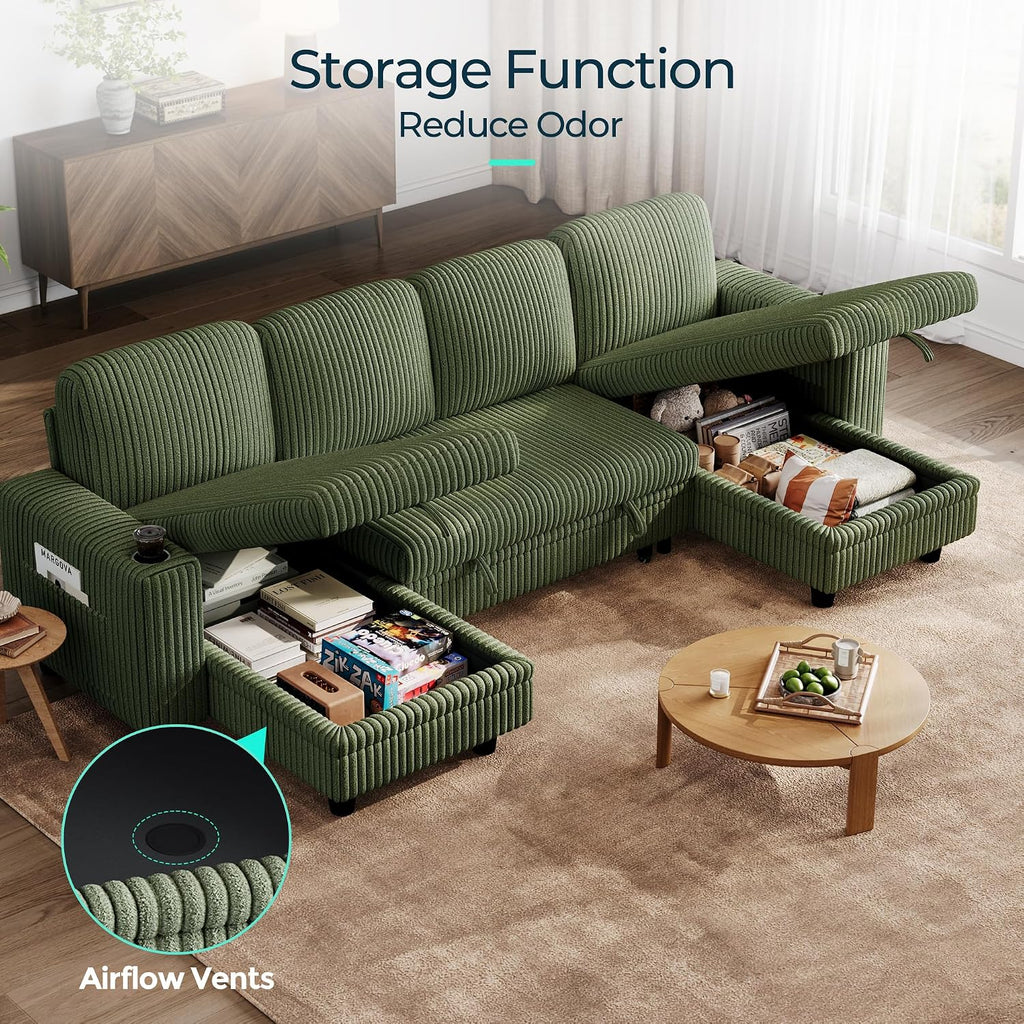 LINSY HOME Sectional Sleeper Sofa Pull Out Couches for Living Room (Green, Sleeper Sofa 3) | Pull Out Sofa Bed, Storage, USB Charging, Cup Holders, Plush Corduroy | Pull Out Sofa Bed, Storage, USB Charging, Cup Holders, Plush Corduroy