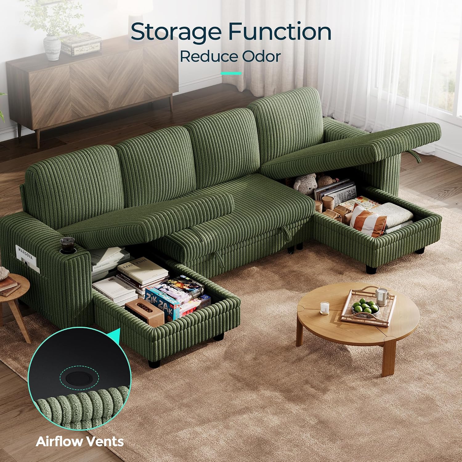 LINSY HOME Sectional Sleeper Sofa Pull Out Couches for Living Room (Green, Sleeper Sofa 3) | Pull Out Sofa Bed, Storage, USB Charging, Cup Holders, Plush Corduroy | Pull Out Sofa Bed, Storage, USB Charging, Cup Holders, Plush Corduroy