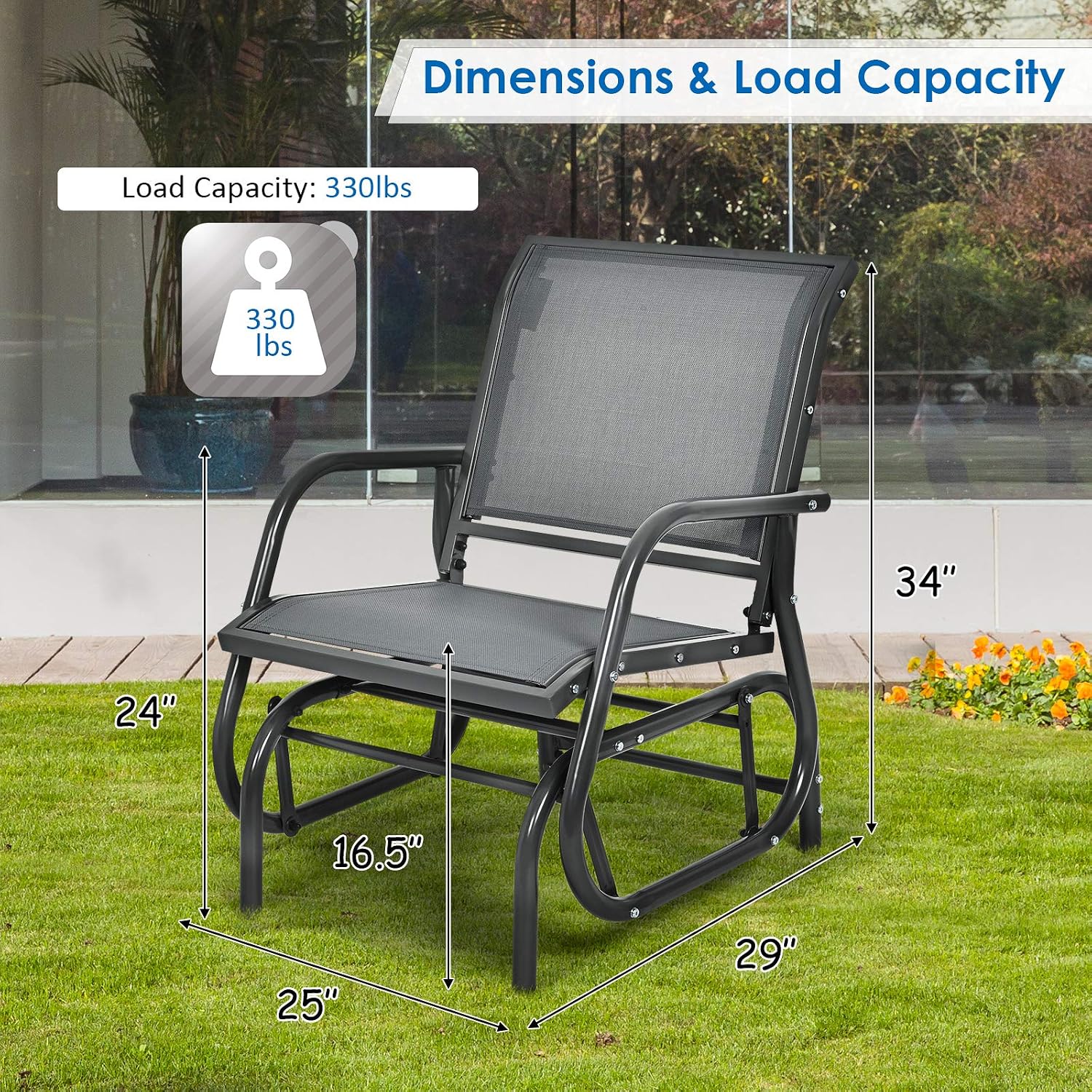 Giantex Swing Glider Chair W/Study Metal Frame Comfortable Patio Chair Love-Seat for Garden, Porch, Backyard, Poolside, Lawn Outdoor Rocking Chair (2, Gray)