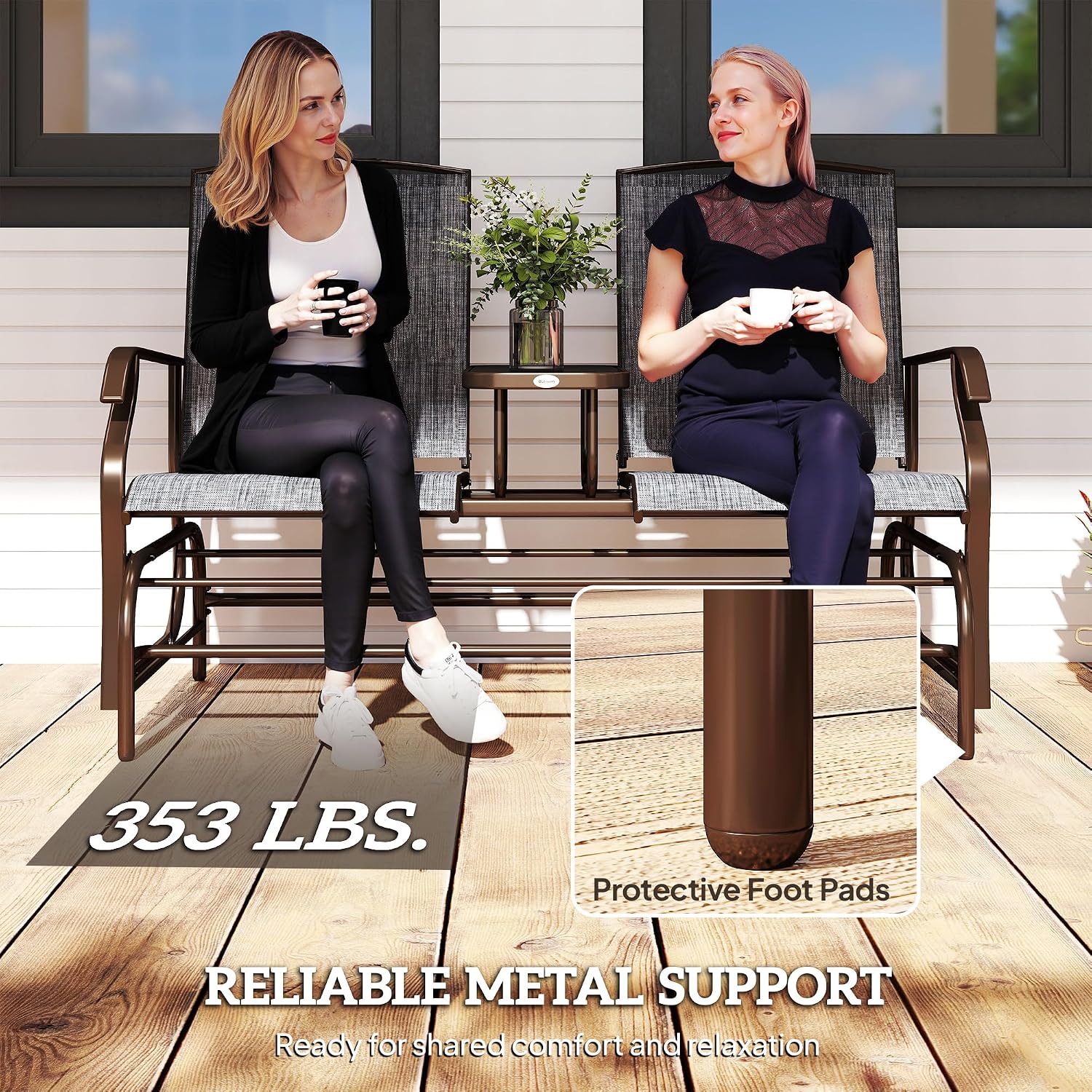 Outsunny Outdoor Glider Bench with Center Table, Metal Frame Patio Loveseat with Breathable Mesh Fabric and Armrests for Backyard Garden Porch, Gray