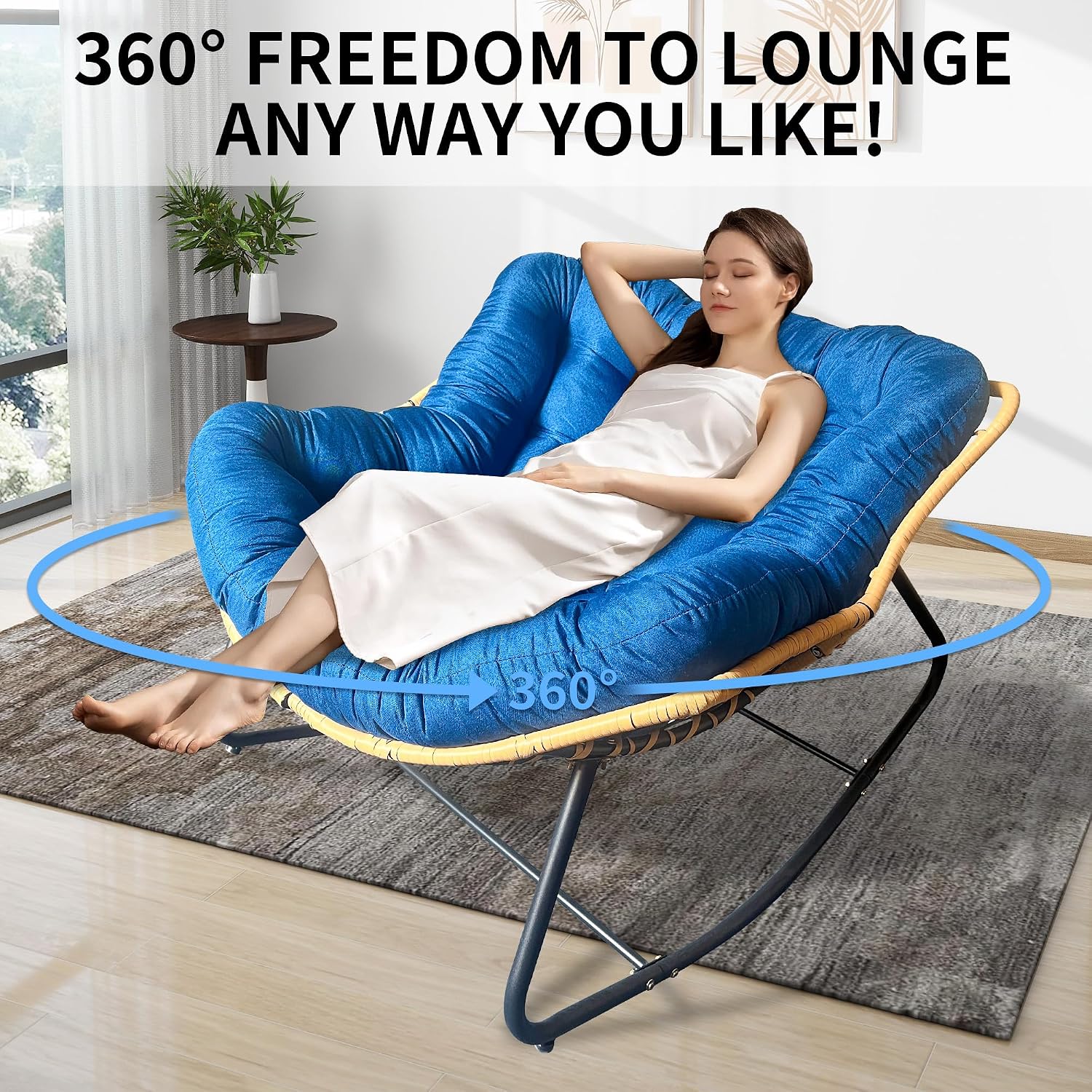 Outdoor Rocking Chair, Patio Egg Rocking Chair, Indoor Papasan Chair, Rattan Wicker Lounge Chair, Modern Royal Chair for Bedroom, Living Room, Porch, Garden,Lawn