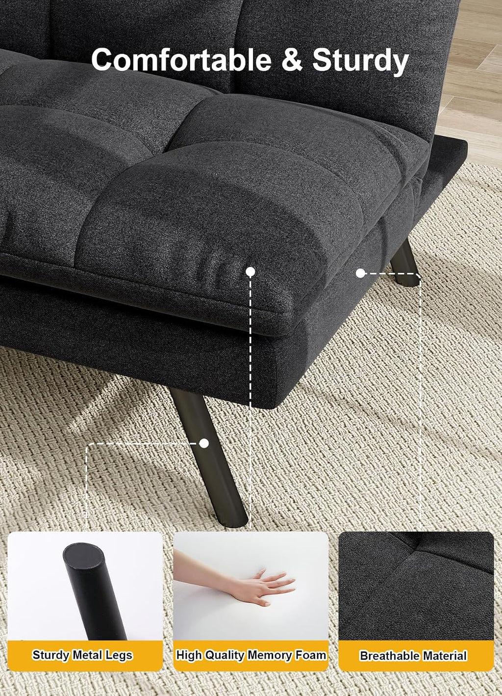 MUUEGM 68' Futon Sofa Bed,Futon Couch with Adjustable Backrest & Foldable Design,Convertible Sleeper Sofa for Small Spaces Livingroom Apartment Office(Black)