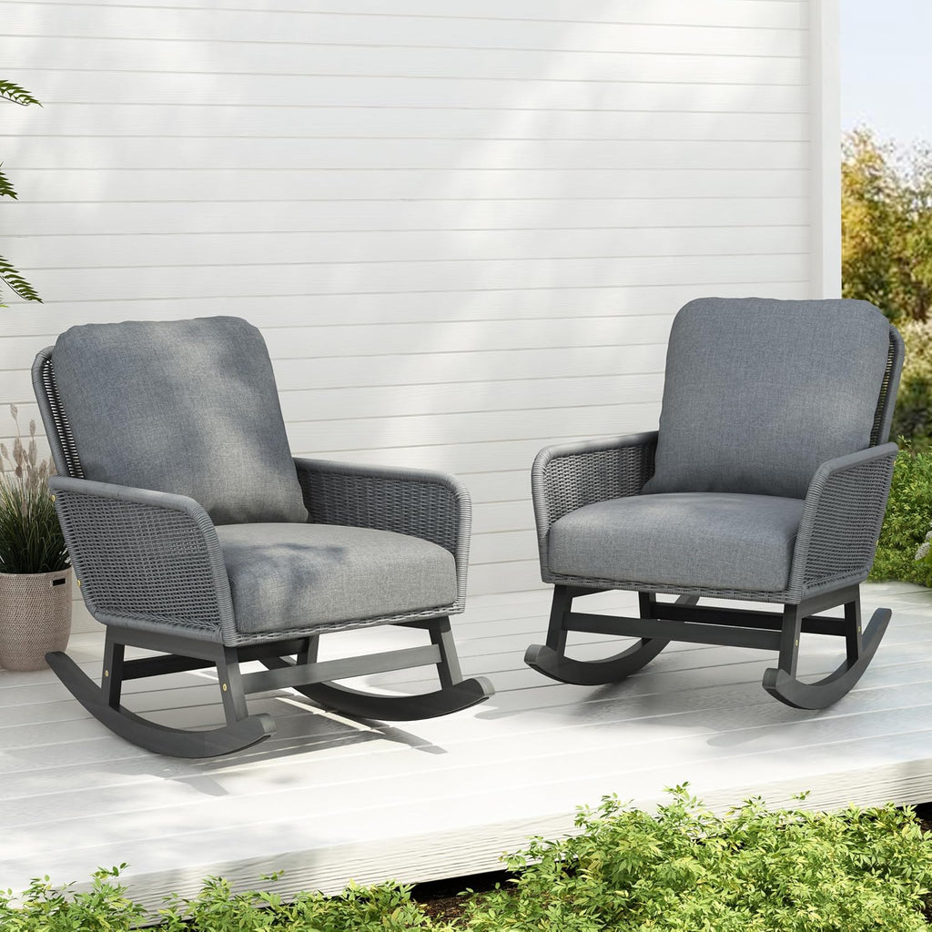 Merax 2-Piece Outdoor PE Rattan Rocking Chairs Seating Set, Wicker Modern with Soft Polyester Cushioned, Wooden Frame for Patio, Balcony Relaxation, Gray