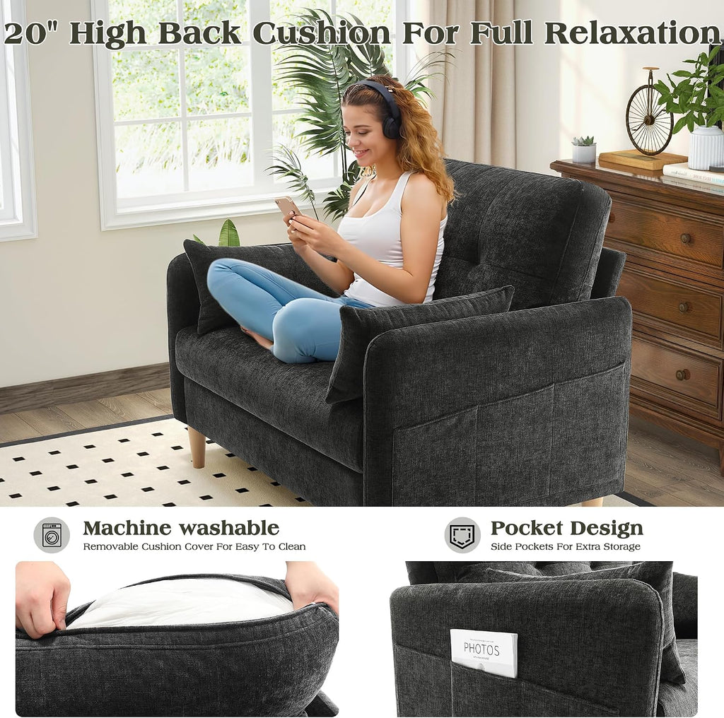 Hanherry Loveseat Sofa, 47' Small Couch for Living Room, Comfy Chenille Fabric Love Seat for Bedroom with Throw Pillow,Removable Cushion Cover,Couches for Small Space,Apartment,Dorm