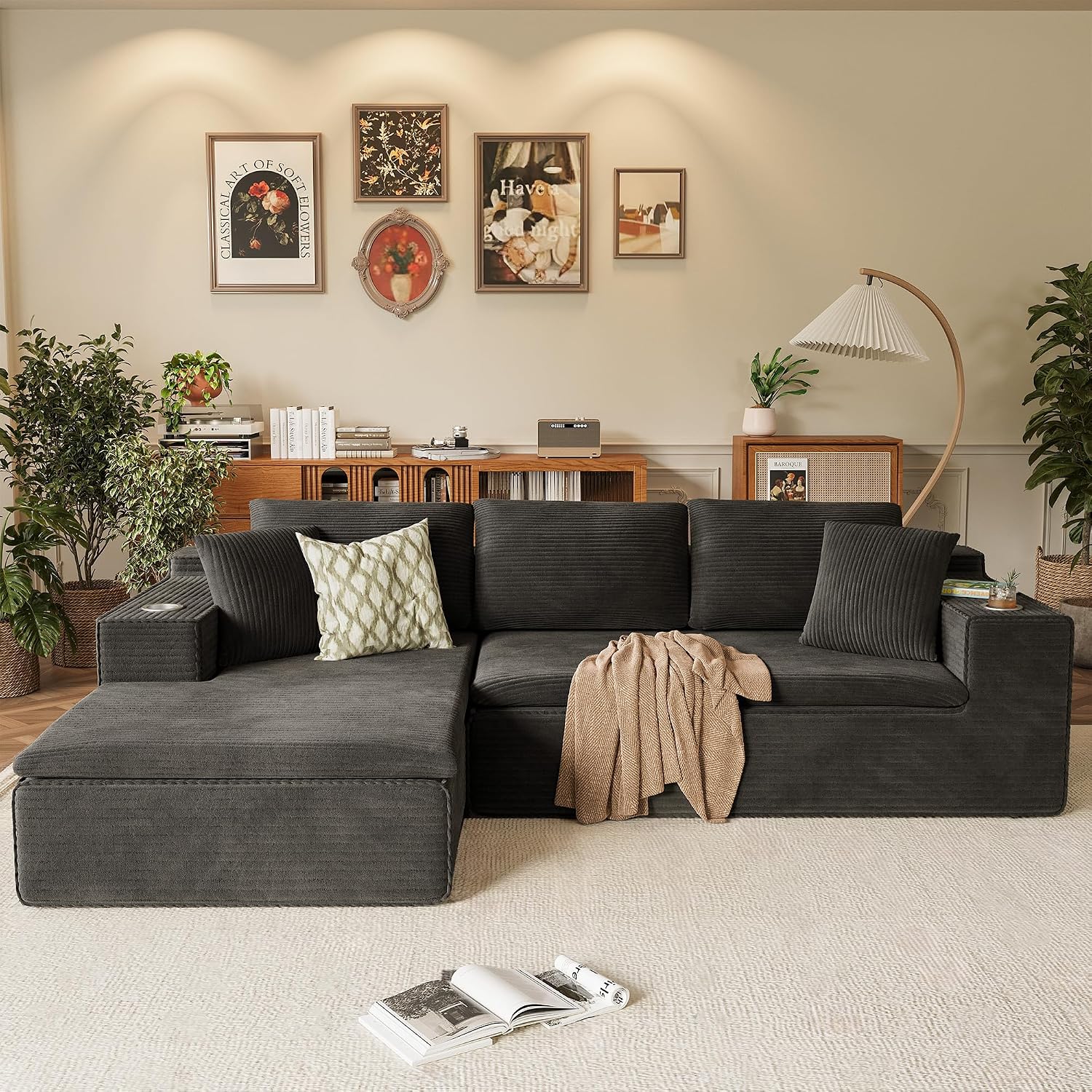 Homall 109' Boneless Couch with Memory Foam, Modular Sectional Sofa with L-Shape Chaise, Cloud Couch with Deep Seat, Dual Cup Holders & Side Pockets, No Assembly Required (Black)