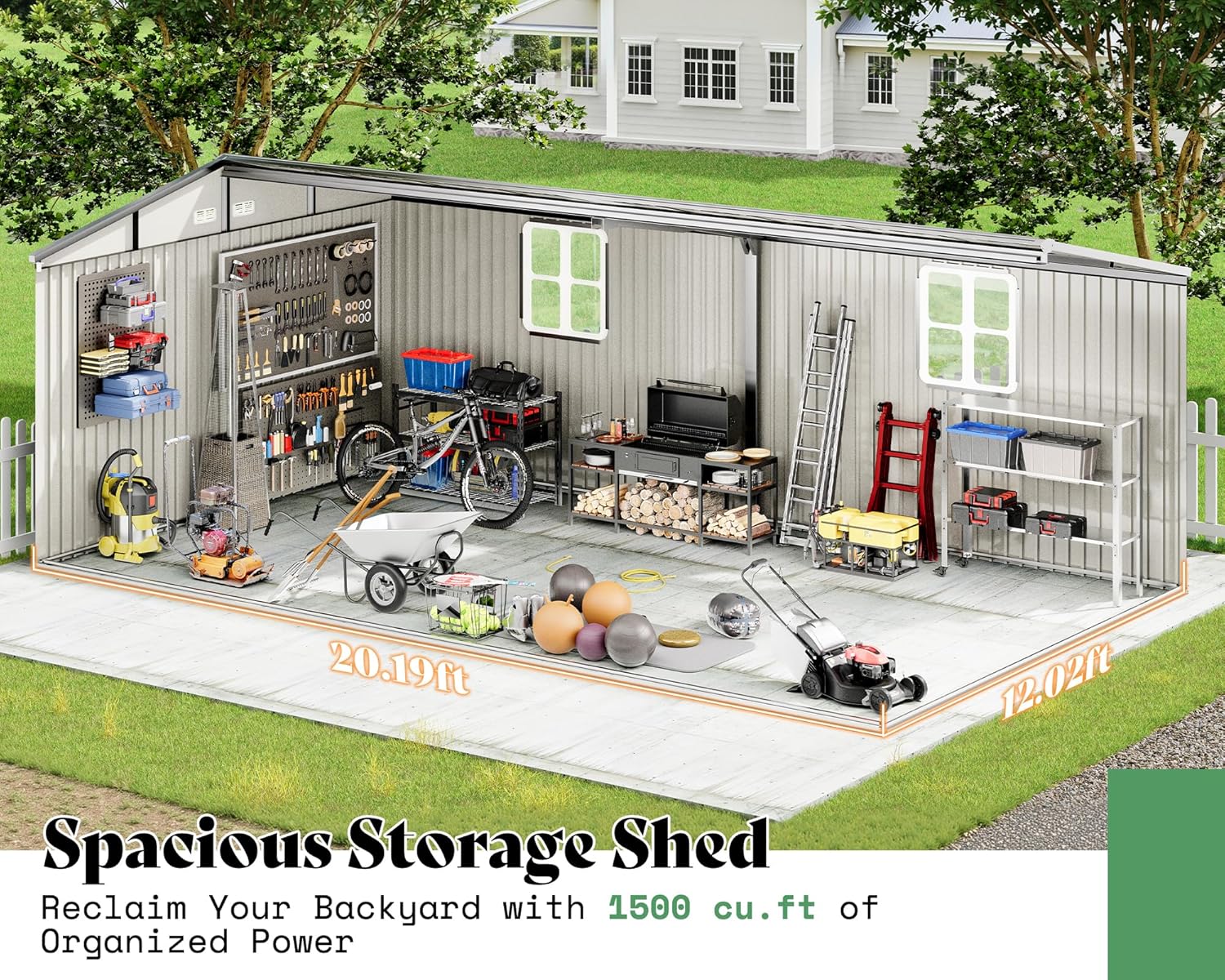 VanAcc 12x20x7.2 FT Outdoor Storage Shed with 2 Transparent Panels, Metal Garden Shed with Hinged Double Doors, Windows & Vents, Reinforced Steel Frame for Backyard Garden, DIY Workshop, Dark Gray