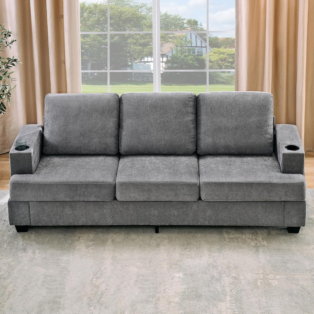 Garvee Modern 89' 3-Seater Sofa for Living Room, Comfy Couches with Deep Seat, Chenille Sofa with Cup Holders and Side Storage Pockets for Apartment Lounge, Grey
