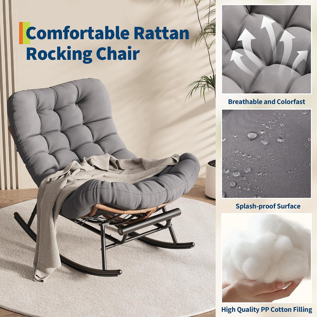 GarveeLife Papasan Rocking Chair with Thick Cushion, Outdoor Patio Rocking Chairs with Footrest, Oversized Rocker Wicker Chair for Bedroom, Living Room, Porch, Garden, Lawn (Dark Grey)