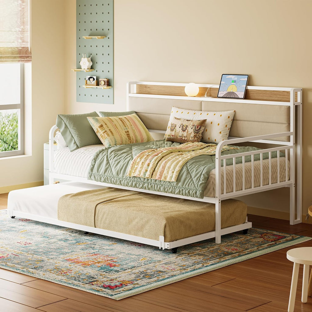 LIKIMIO Daybed with Trundle, Sturdy Metal Twin Bed Frame with Upholstered Headboard and Charging Station for Living Room, Bedroom and Guest Room, White