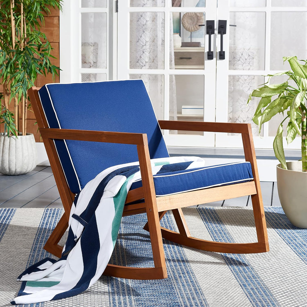 SAFAVIEH Outdoor Collection Vernon Natural/Navy Cushion with White Piping Rocking Chair